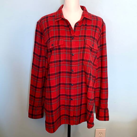 J. Crew Red and Black Windowpane Plaid Flannel Button Down Size 14 - Picture 7 of 9